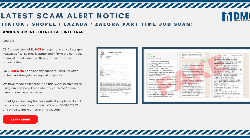 LATEST ALERT NOTICE - TIKTOK / SHOPEE / LAZADA / ZALORA PART TIME JOB SCAM! - Police report fake banner